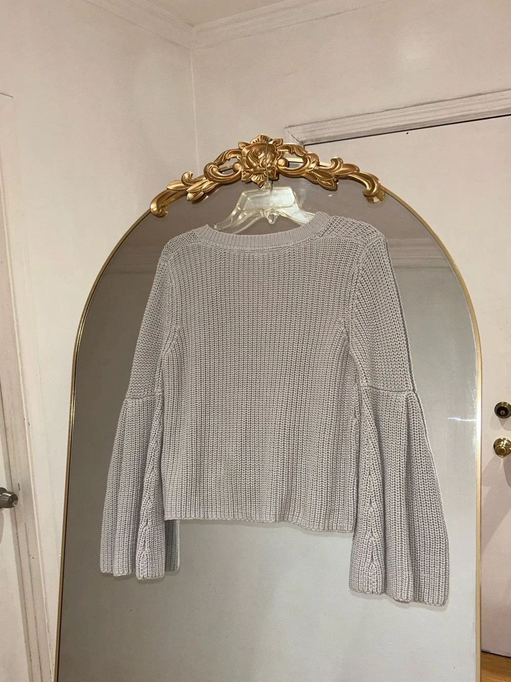 Free People Damsel Gray Pullover V Neck Knit Sweater with Bell Sleeves, Size S